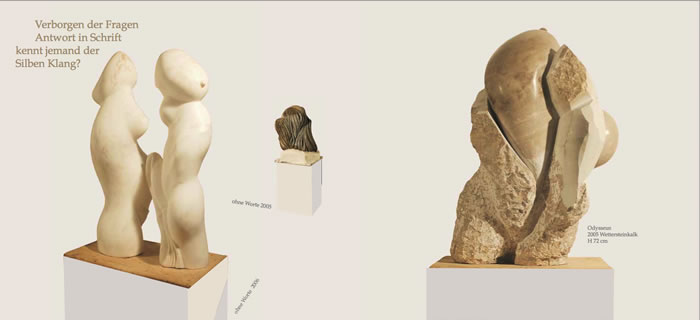 Skulptur Odysseus, ohne Worte, Wettersteinkalk, Marmor, Granit